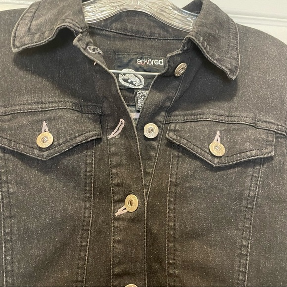 Ecko Red Embroidered Black Denim Cropped Jean Jacket Size Extra Small - Picture 2 of 6